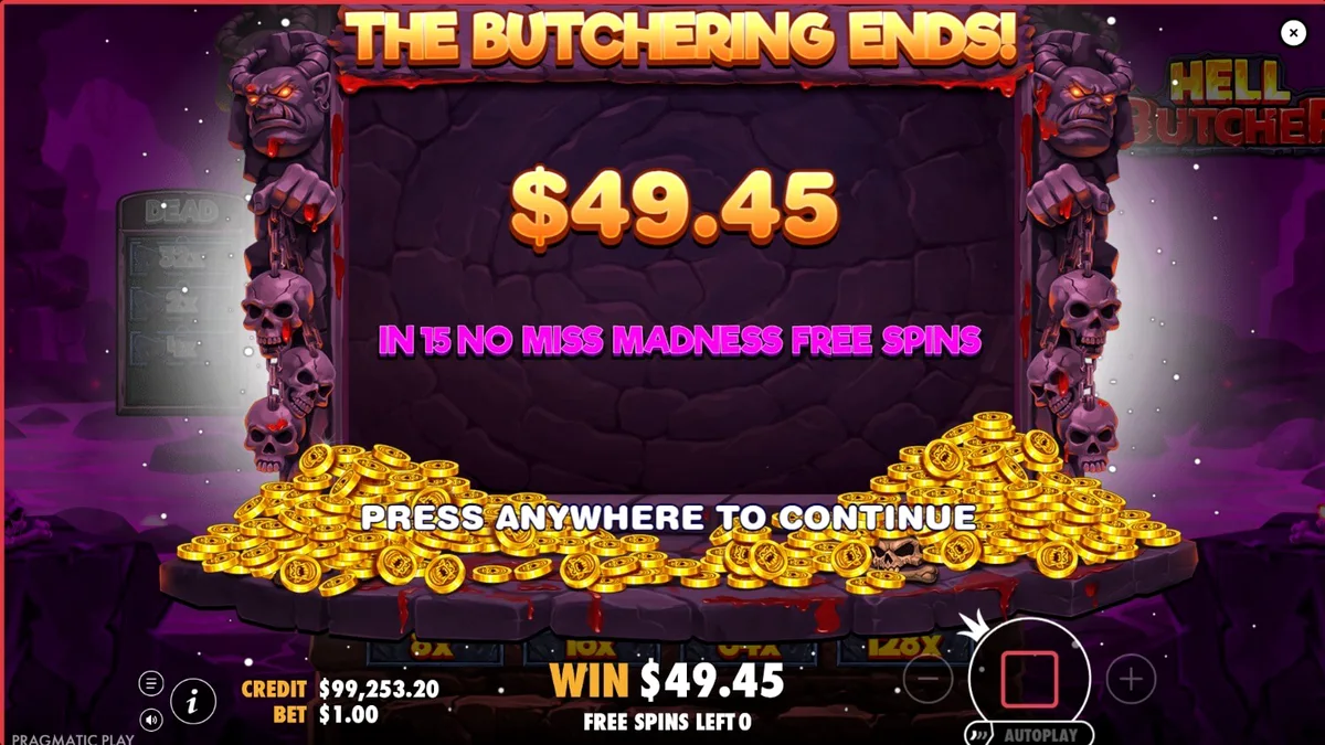 Tampilan visual slot Hell Butcher dengan tema horor yang intens dan simbol-simbol unik.